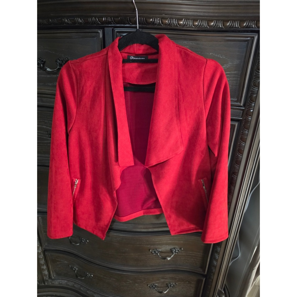 PrettyGarden Red Faux Suede Open Front Waterfall Cardigan Jacket Small 7106